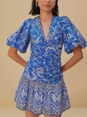 FARM Rio Blue Floral V-Neck Puff Sleeve Mini Dress
